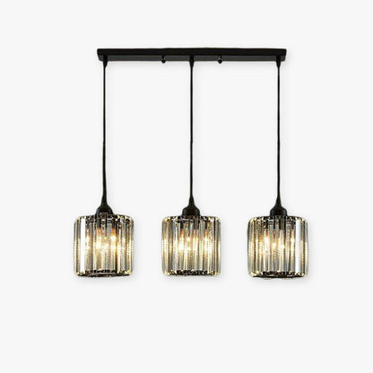 Lampada a sospensione lineare moderna a cluster in vetro rigato con paralumi cilindrici neri
