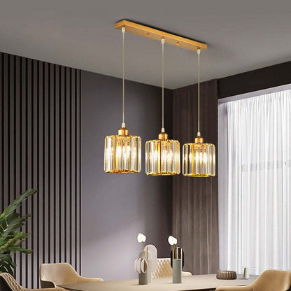 Lampada a sospensione lineare moderna a cluster in vetro rigato con paralumi cilindrici neri