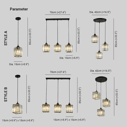 Lampada a sospensione lineare moderna a cluster in vetro rigato con paralumi cilindrici neri
