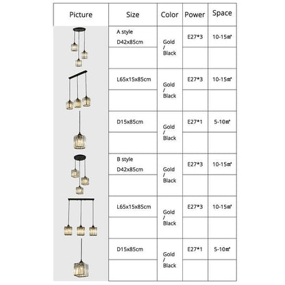 Lampada a sospensione lineare moderna a cluster in vetro rigato con paralumi cilindrici neri