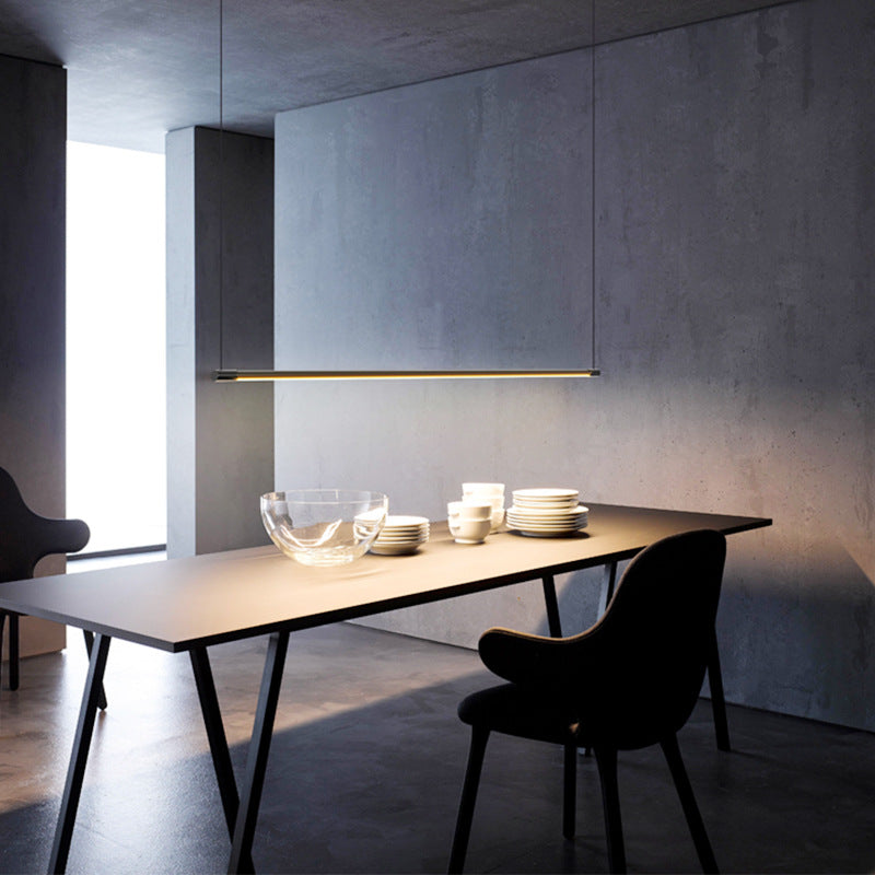Lampada a sospensione lineare nera minimalista in metallo e acrilico, barra LED dimmerabile