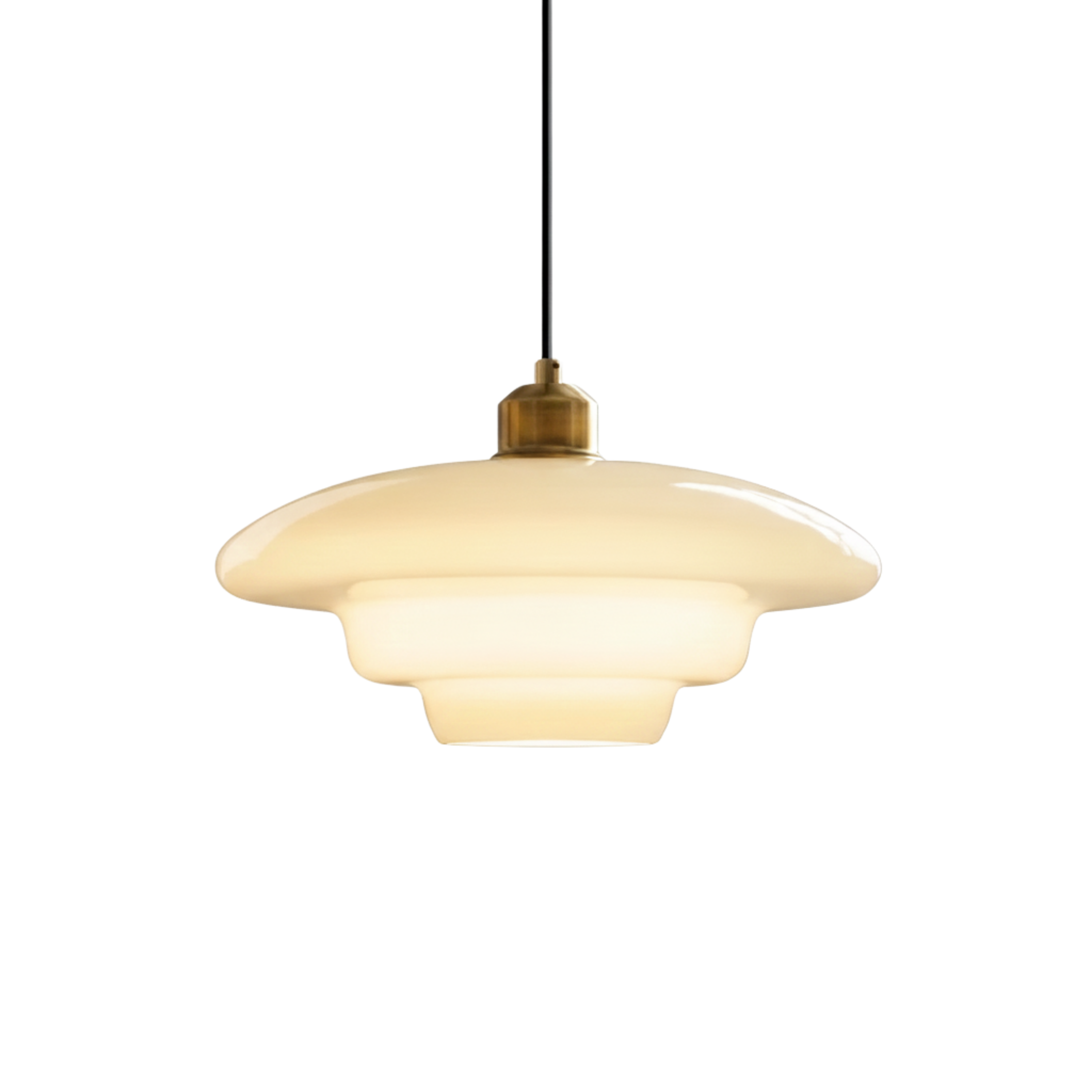 Lampada a sospensione mid century in vetro opalino bianco con dettaglio in ottone