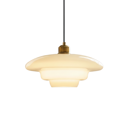 Lampada a sospensione mid century in vetro opalino bianco con dettaglio in ottone