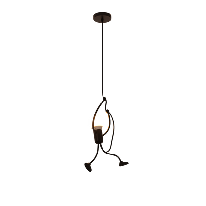Lampada a sospensione nera con figura che si arrampica e lampadina a vista