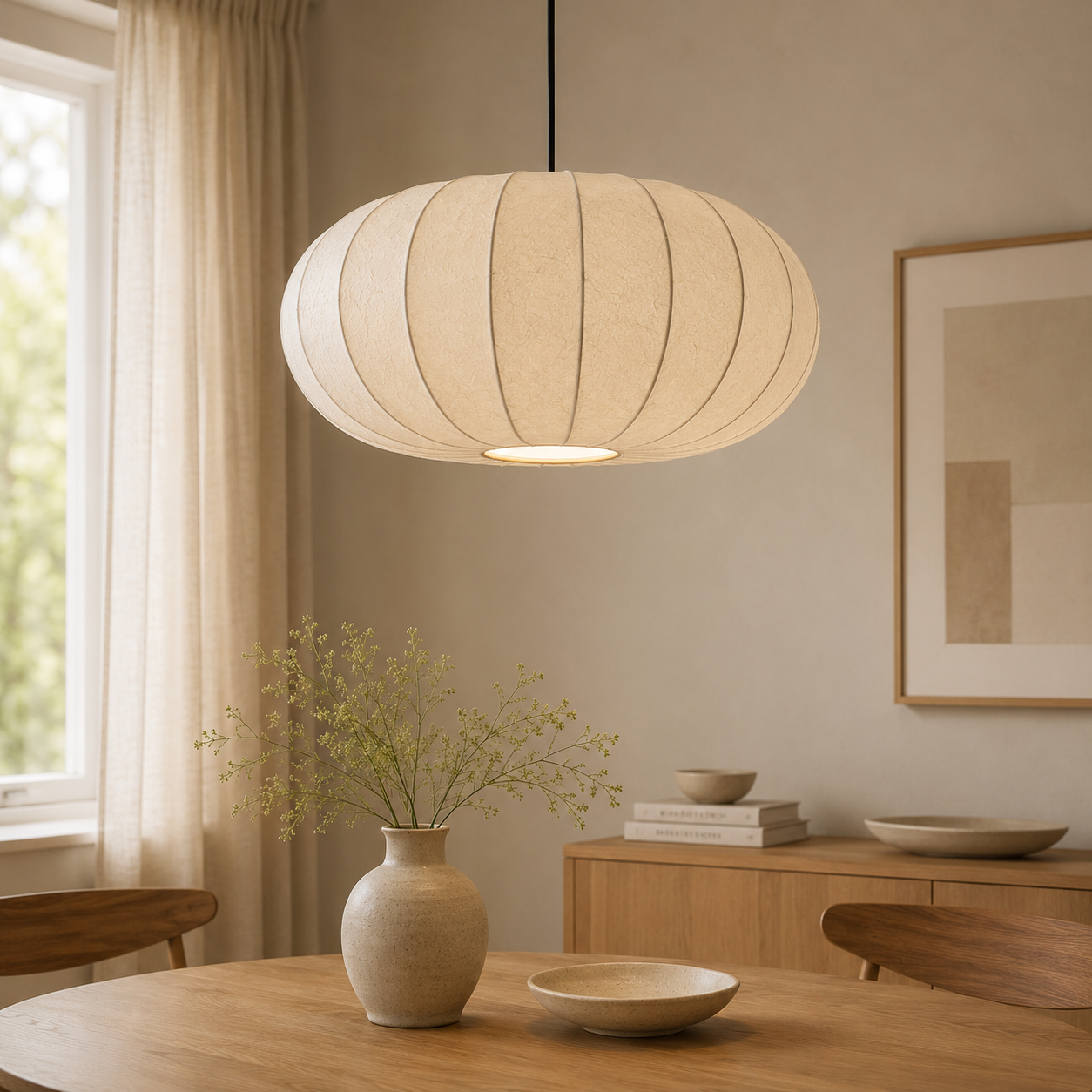 Lampada a sospensione ovale in tessuto di seta wabi sabi