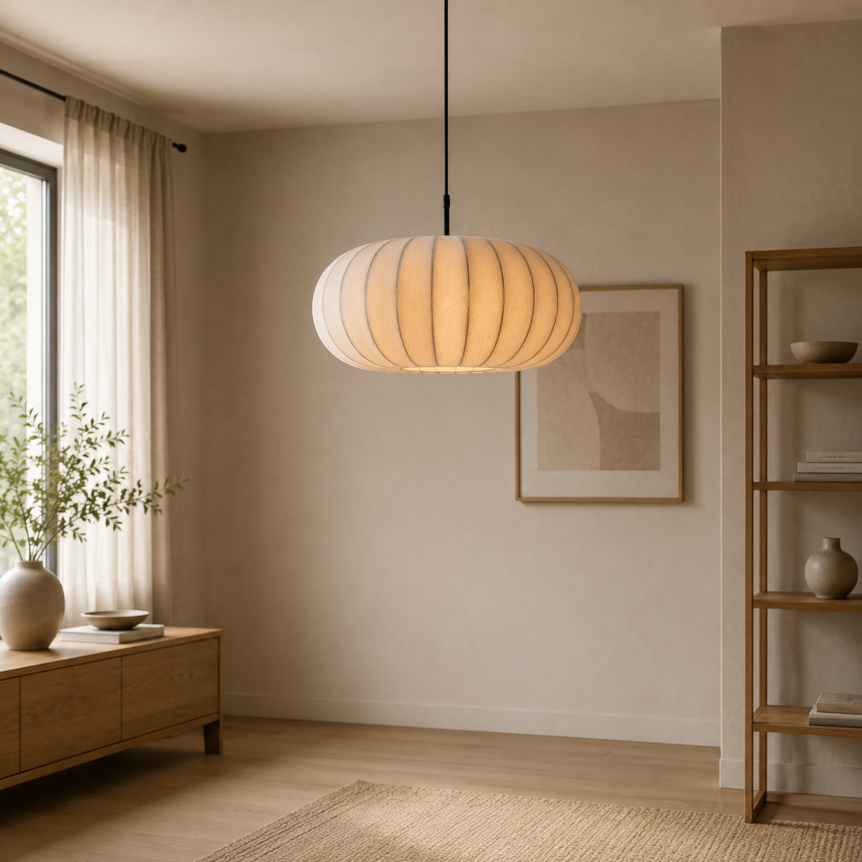Lampada a sospensione ovale in tessuto di seta wabi sabi