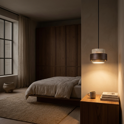 Lampada a sospensione piccola retrò in travertino e legno di noce