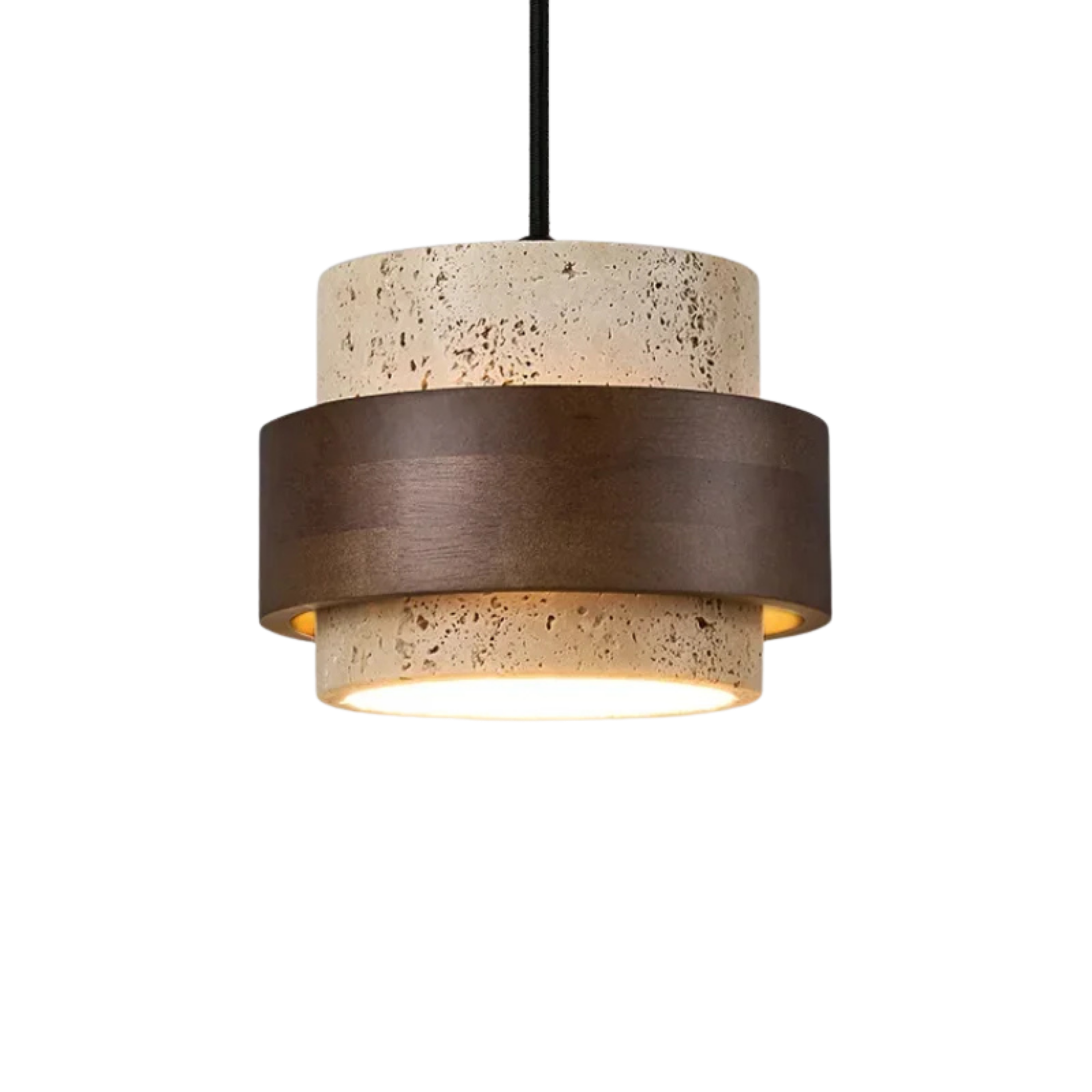 Lampada a sospensione piccola retrò in travertino e legno di noce