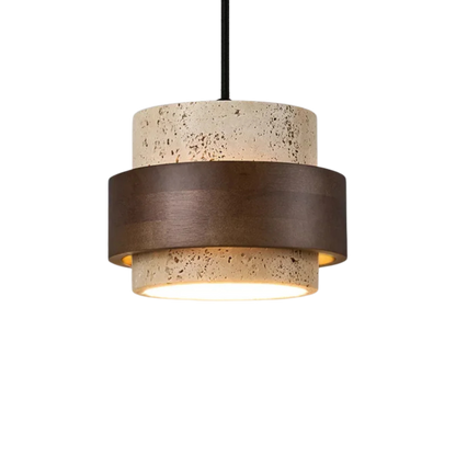 Lampada a sospensione piccola retrò in travertino e legno di noce