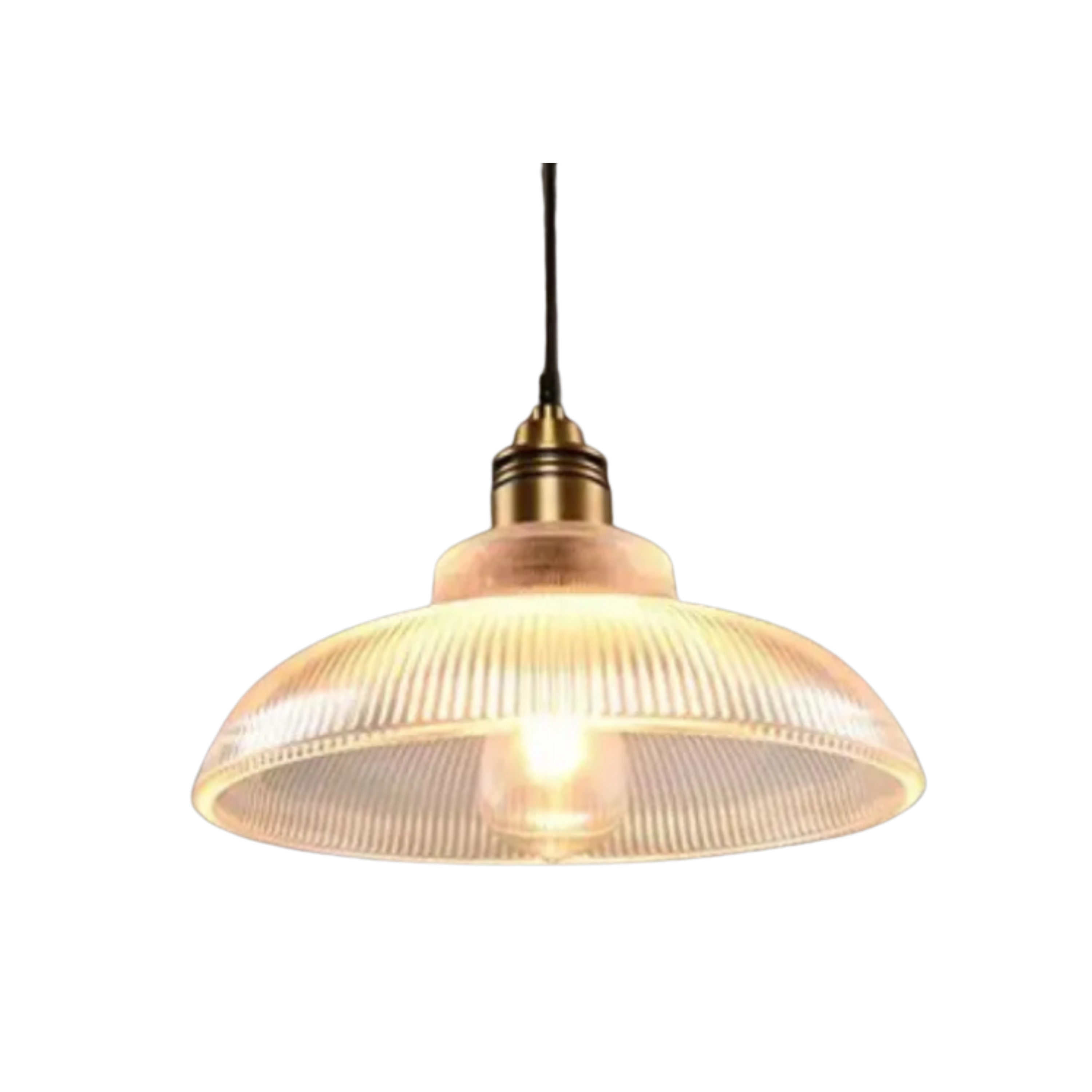 Lampada a sospensione retrò in vetro rigato con paralume a cupola e lampadina a vista