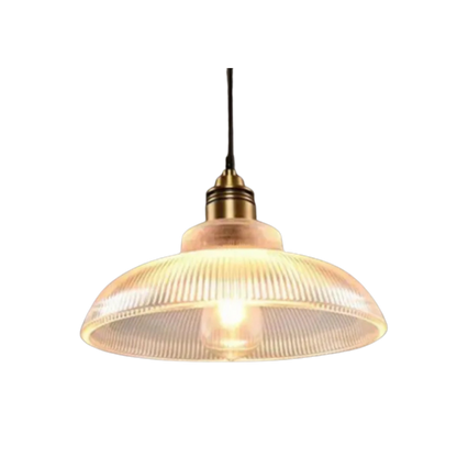 Lampada a sospensione retrò in vetro rigato con paralume a cupola e lampadina a vista