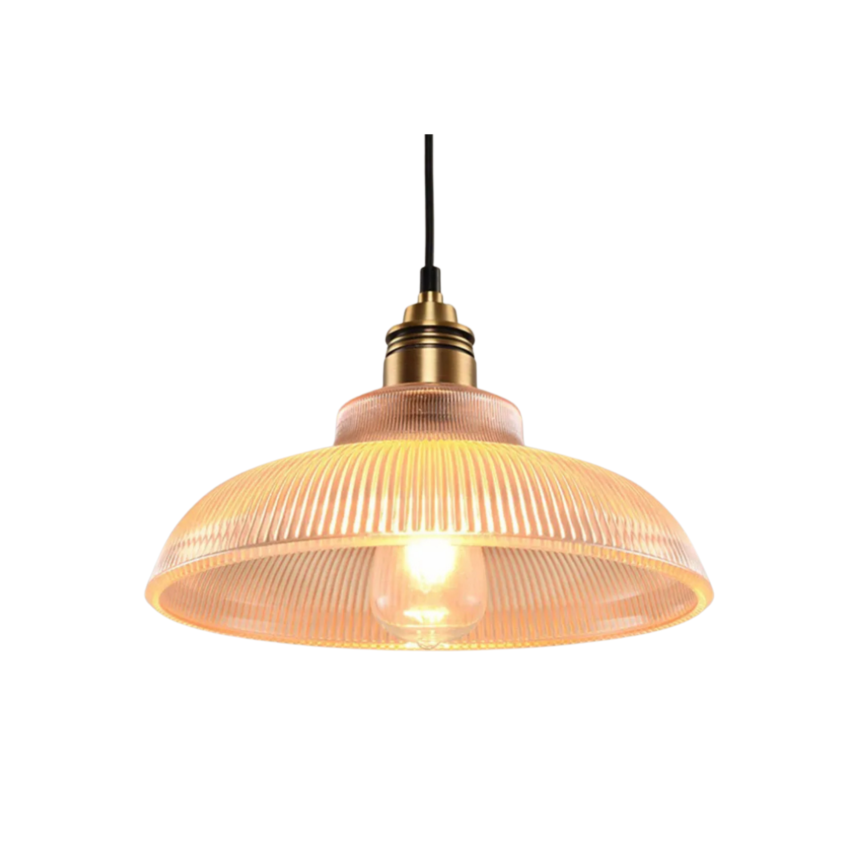 Lampada a sospensione retrò in vetro rigato con paralume a cupola e lampadina a vista