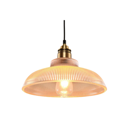 Lampada a sospensione retrò in vetro rigato con paralume a cupola e lampadina a vista