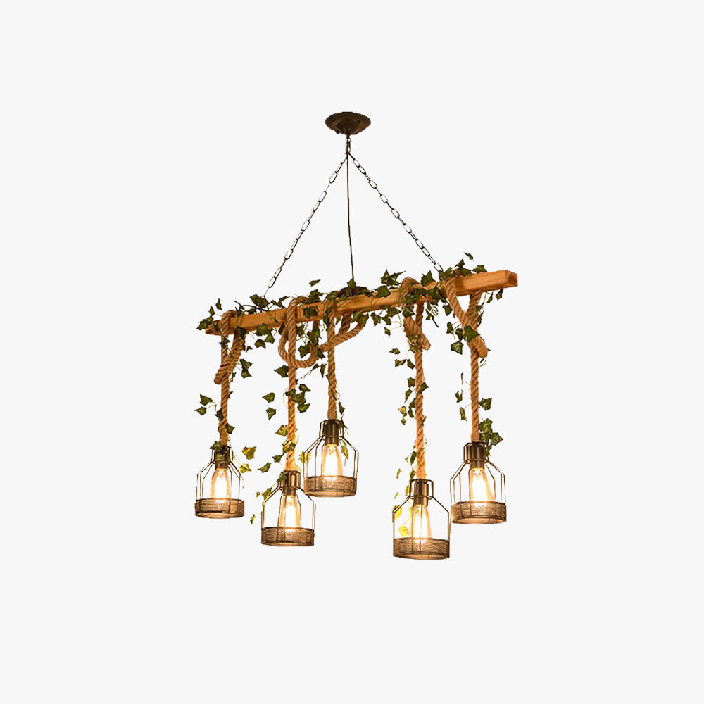 Lampada a sospensione rustica vintage con trave in legno e paralumi a gabbia in metallo
