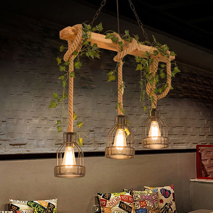 Lampada a sospensione rustica vintage con trave in legno e paralumi a gabbia in metallo