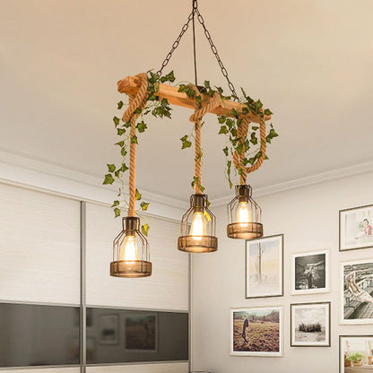 Lampada a sospensione rustica vintage con trave in legno e paralumi a gabbia in metallo
