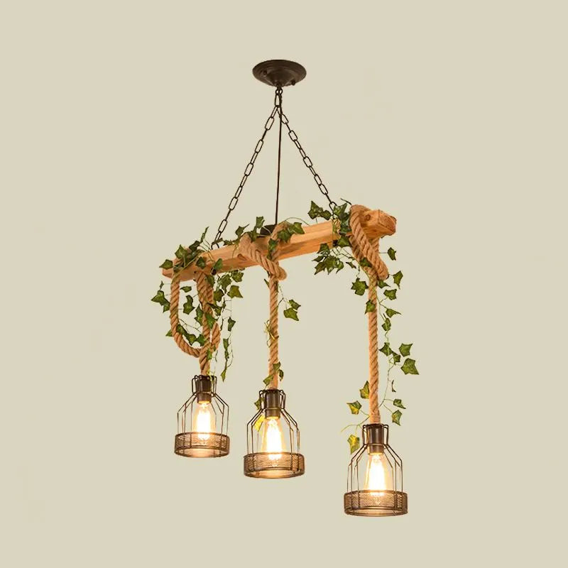 Lampada a sospensione rustica vintage con trave in legno e paralumi a gabbia in metallo