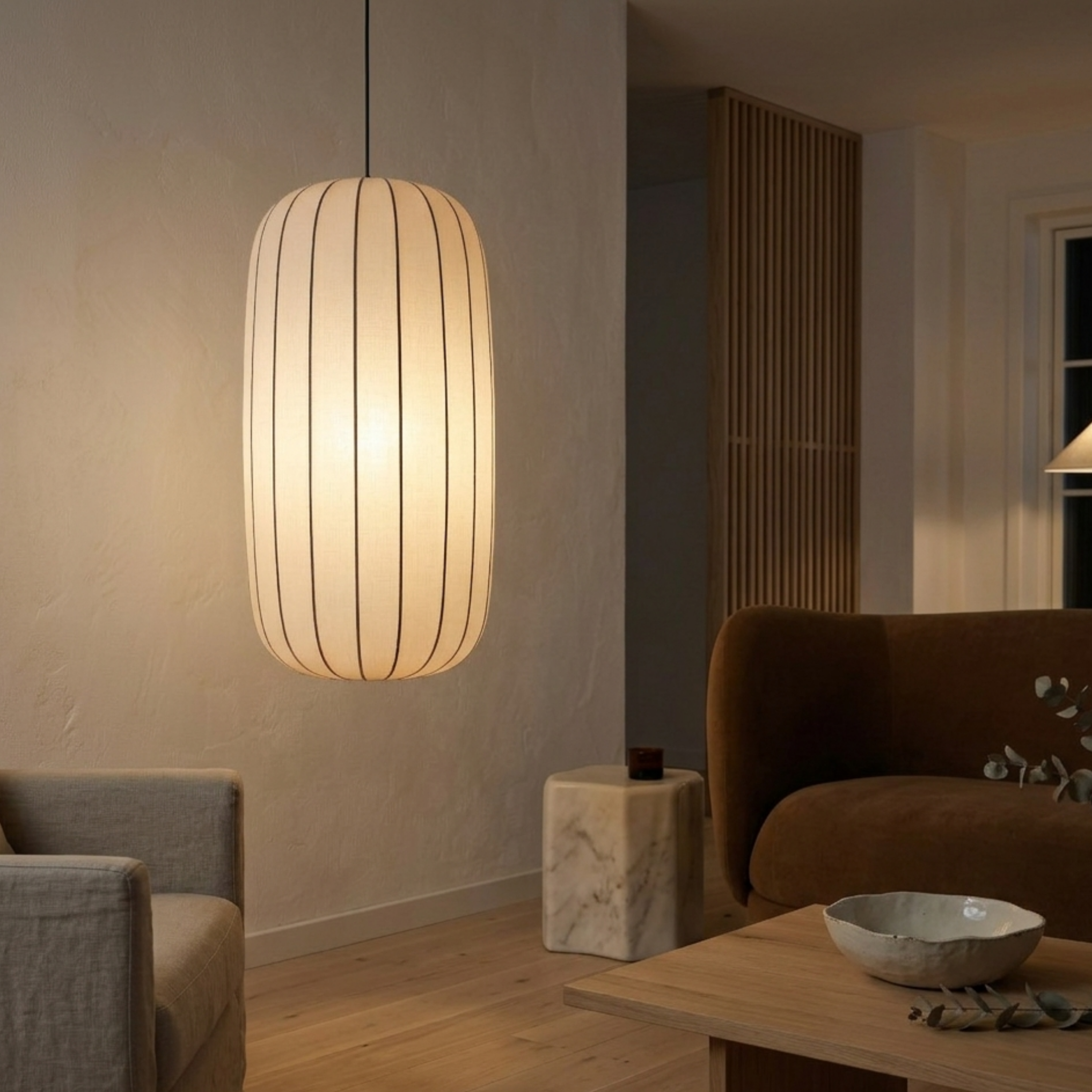 Lampada a sospensione scandinava in tessuto plissettato con struttura in metallo e LED integrato