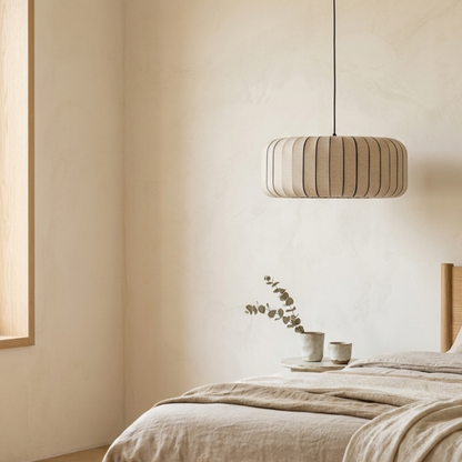 Lampada a sospensione scandinava in tessuto plissettato con struttura in metallo e LED integrato