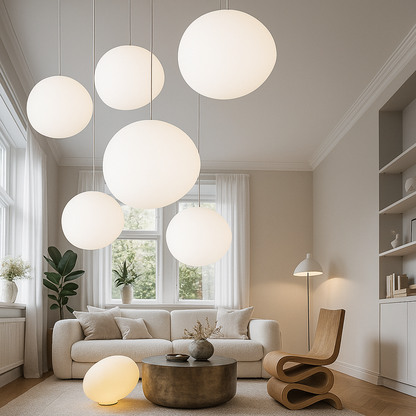 Lampada a sospensione sferica in metallo dal design geometrico
