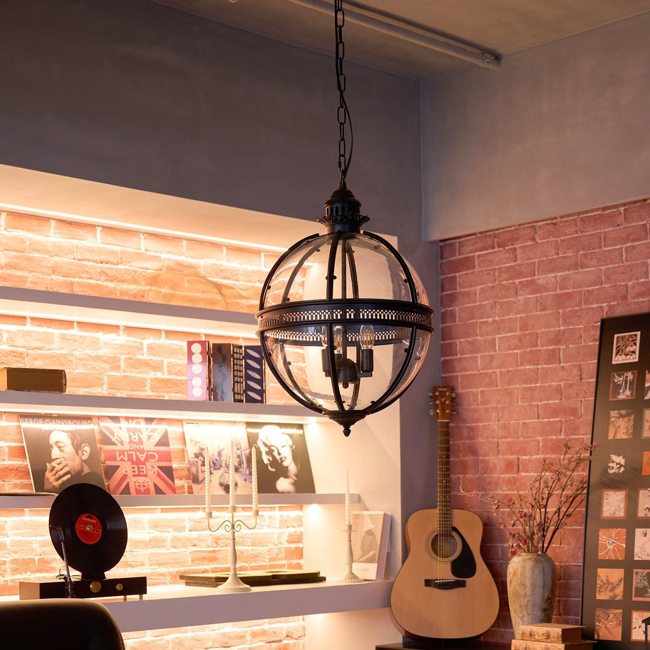 Lampada a sospensione vintage a globo in vetro con struttura in metallo rame o nero
