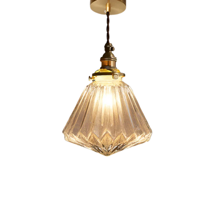 Lampada a sospensione vintage in vetro rigato trasparente con attacco color ottone
