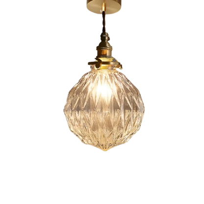Lampada a sospensione vintage in vetro rigato trasparente con attacco color ottone