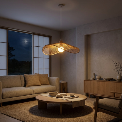 Lampada a sospensione wabi sabi in rattan con paralume ondulato intrecciato in bambù e legno