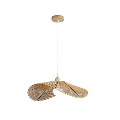 Lampada a sospensione wabi sabi in rattan con paralume ondulato intrecciato in bambù e legno