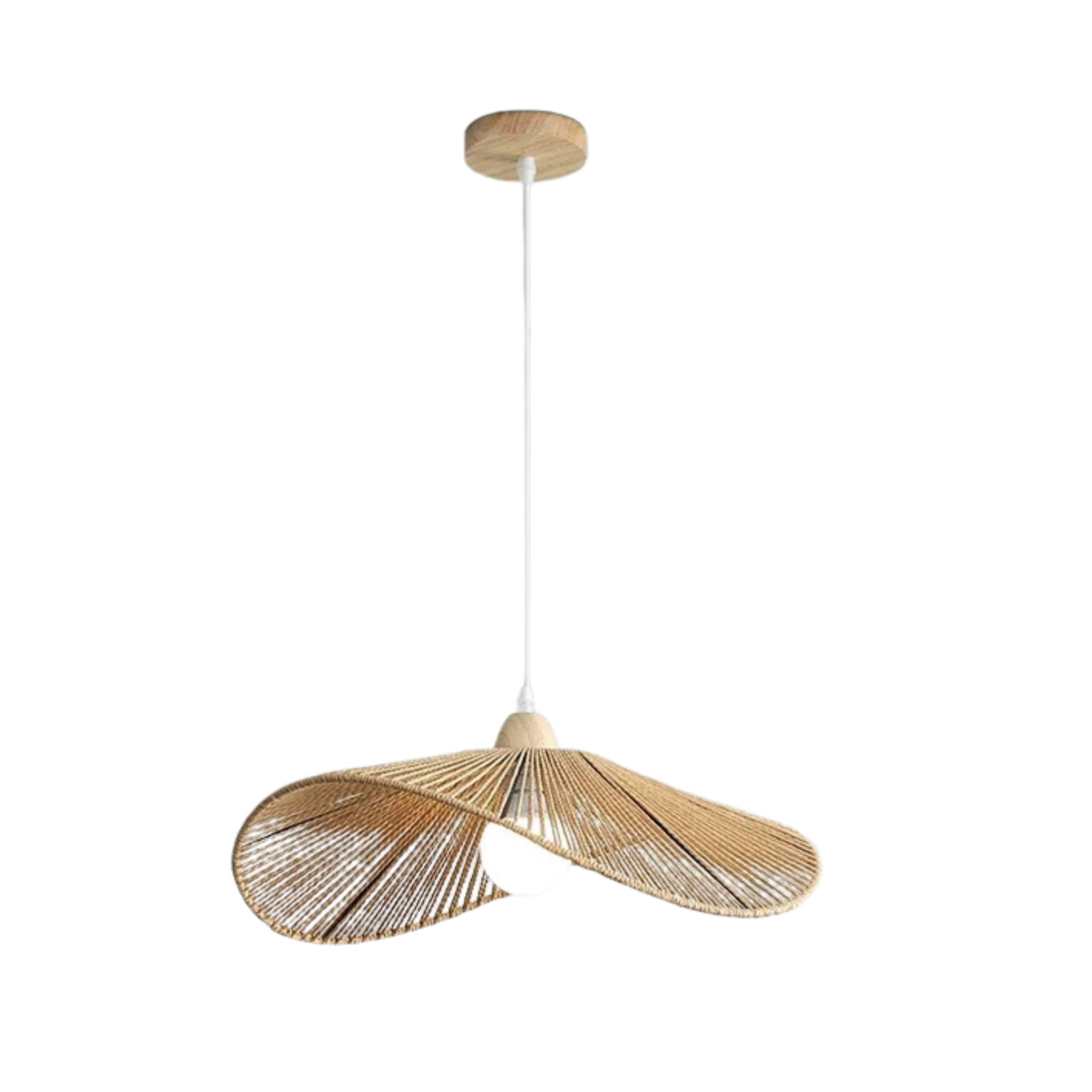 Lampada a sospensione wabi sabi in rattan con paralume ondulato intrecciato in bambù e legno