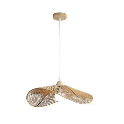 Lampada a sospensione wabi sabi in rattan con paralume ondulato intrecciato in bambù e legno