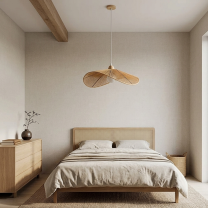 Lampada a sospensione wabi sabi in rattan con paralume ondulato intrecciato in bambù e legno