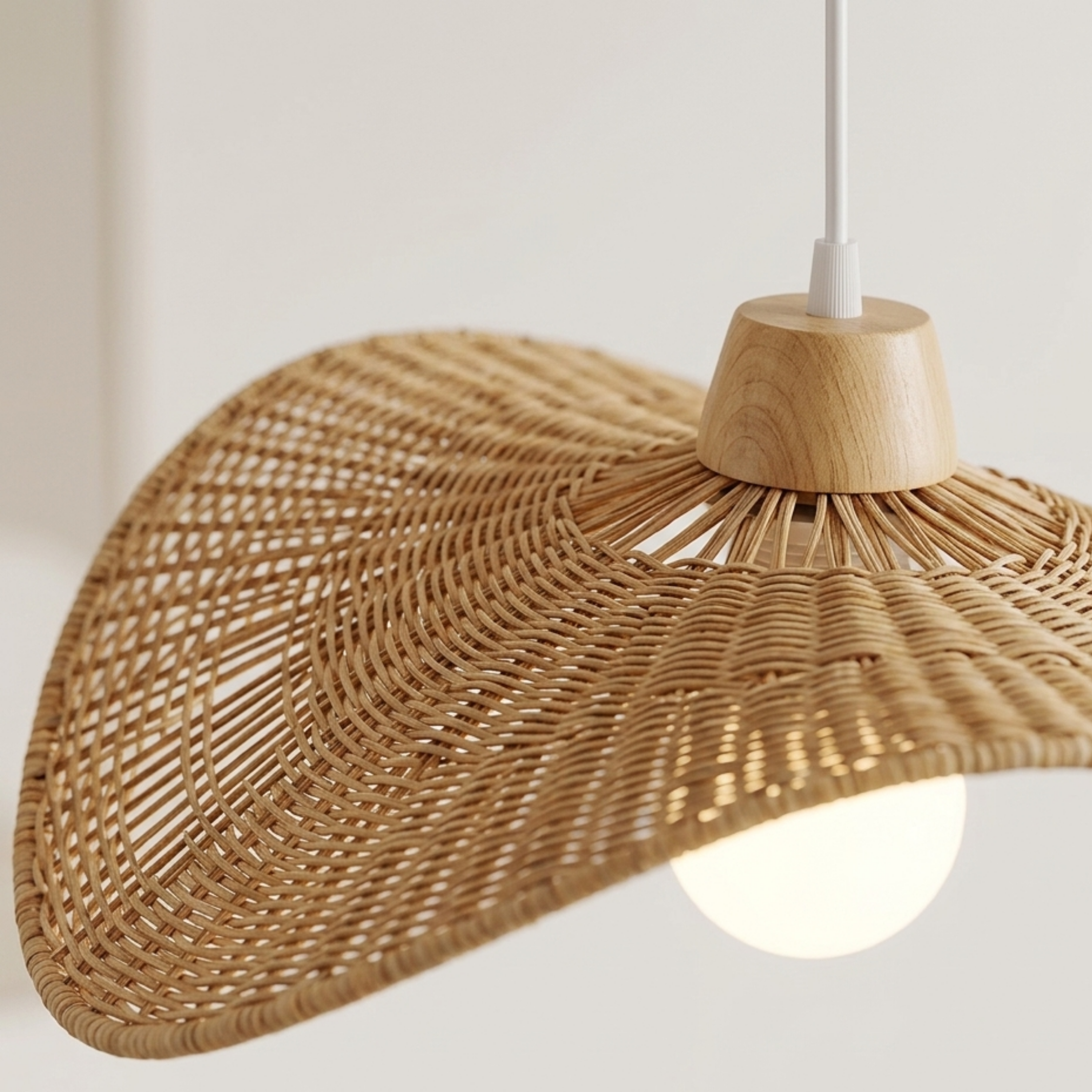 Lampada a sospensione wabi sabi in rattan con paralume ondulato intrecciato in bambù e legno