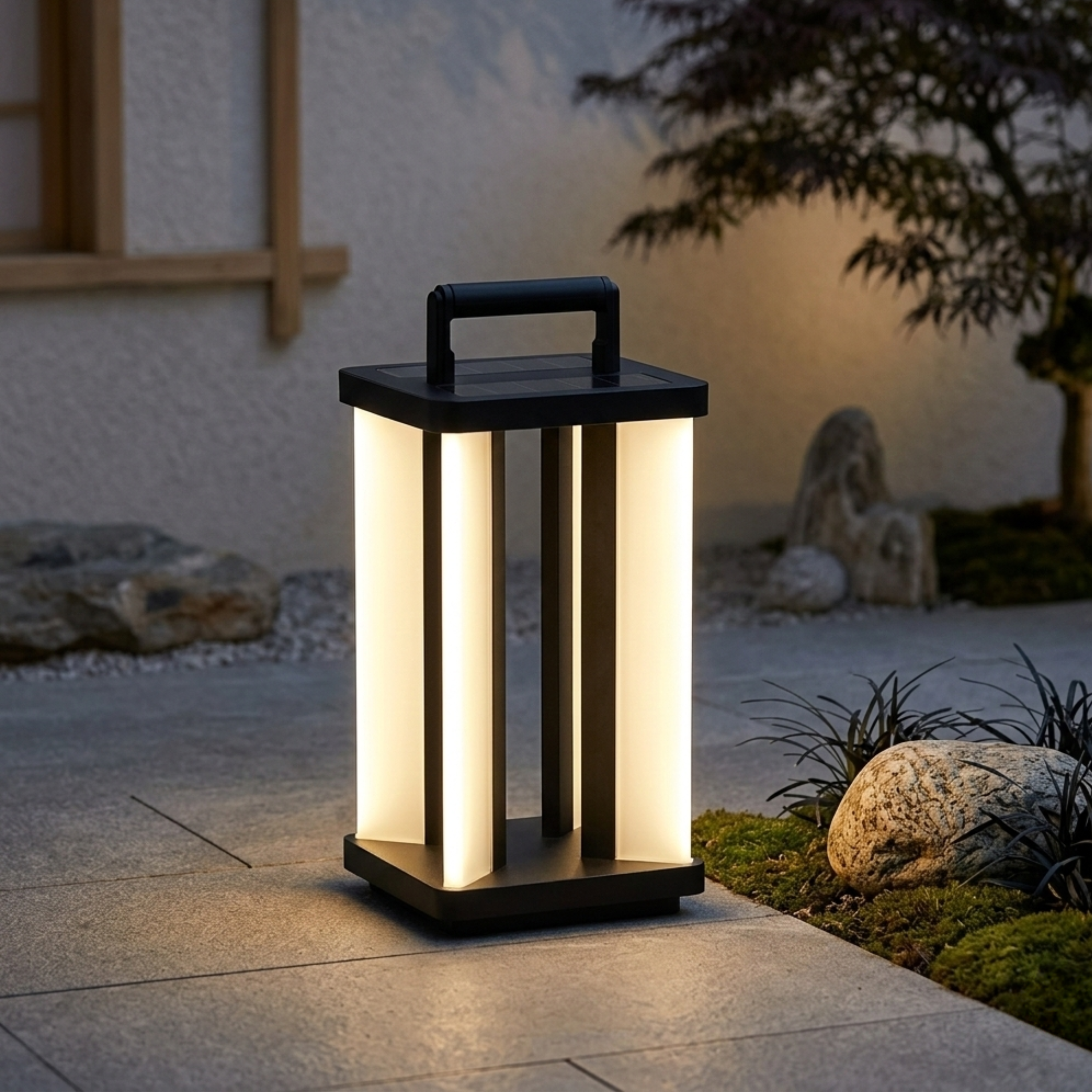 Lampada da giardino solare a lanterna nera, LED senza fili da esterno
