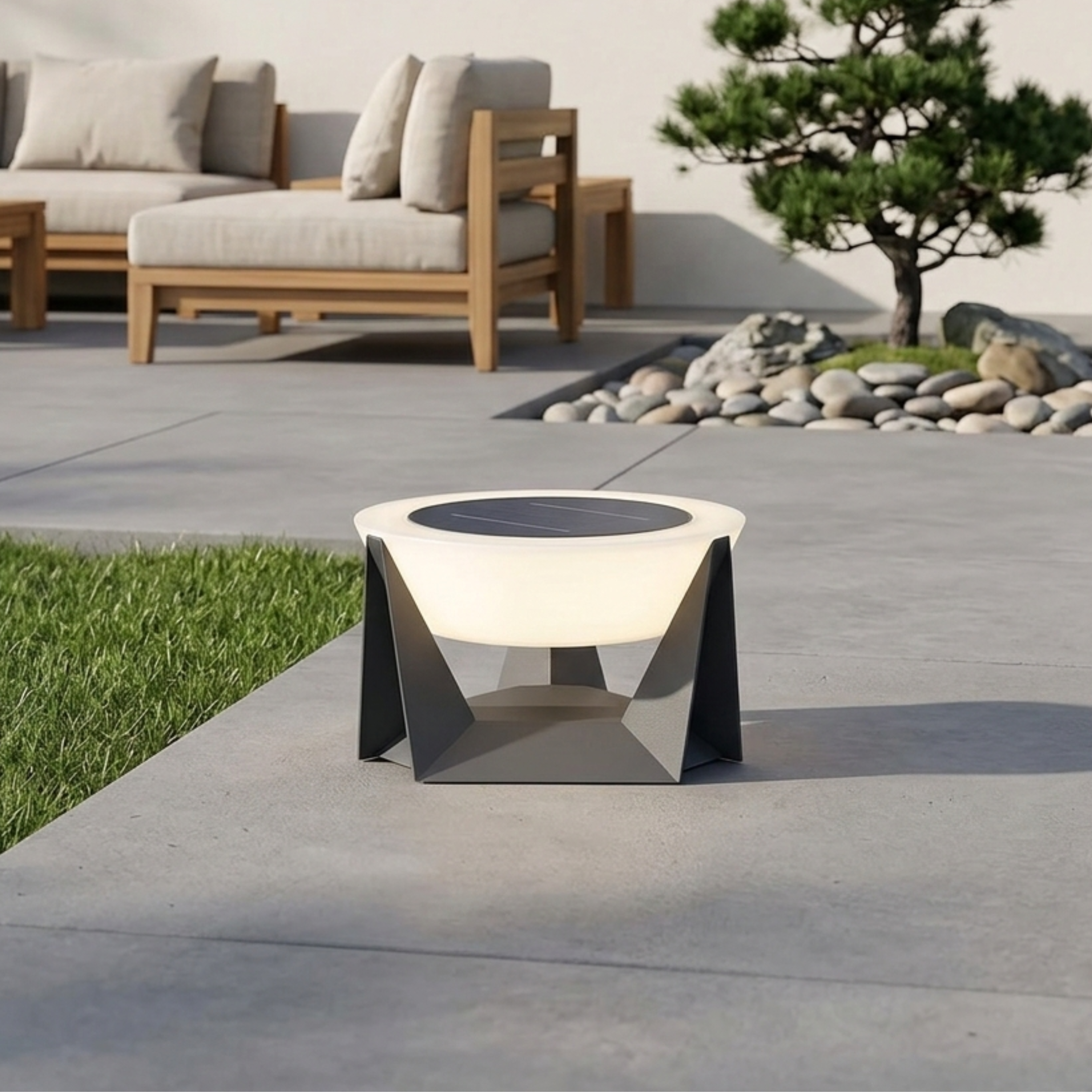 Lampada da giardino solare a LED nera moderna con base geometrica per patio ed esterni