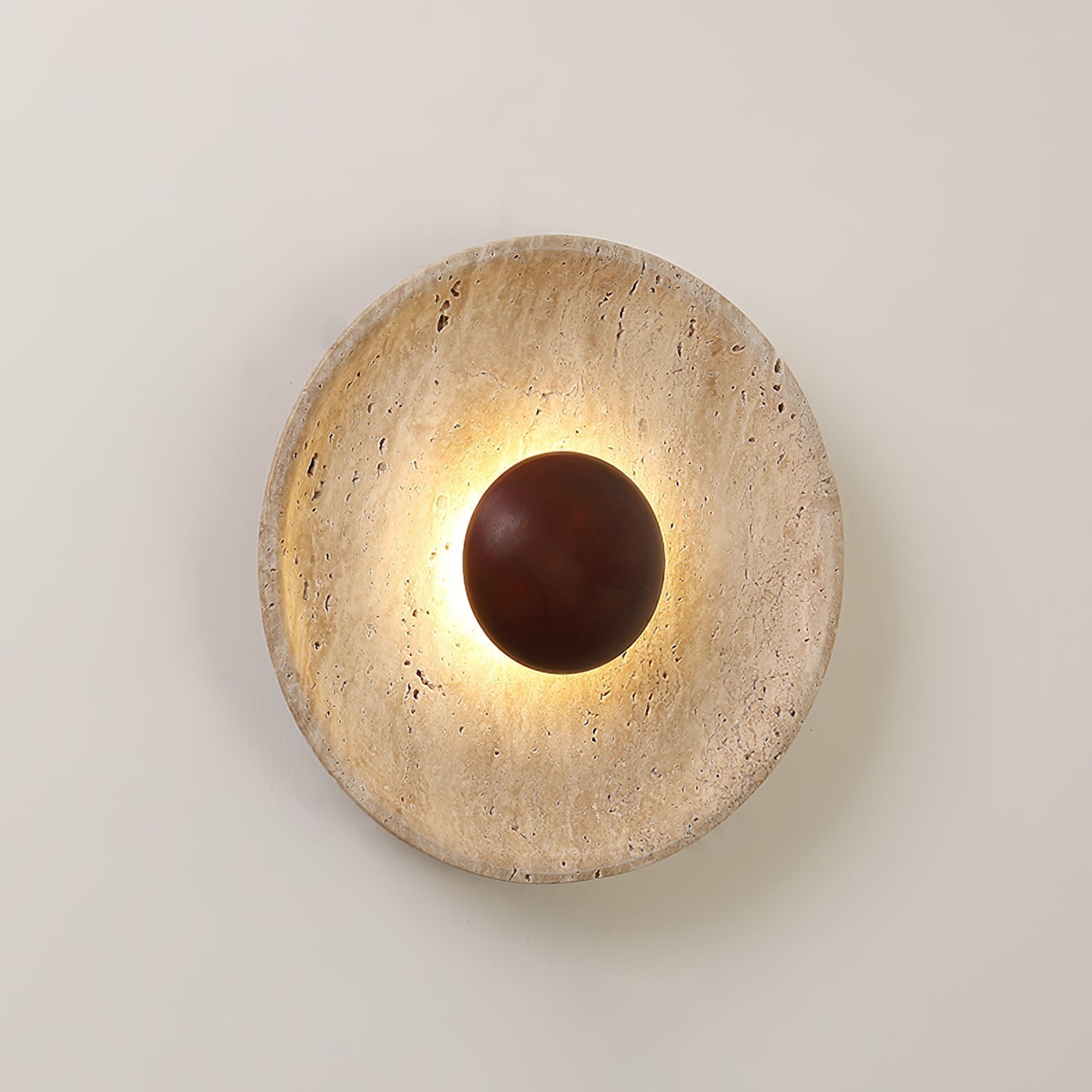 Lampada da parete a disco in travertino con sfera in legno, applique moderna