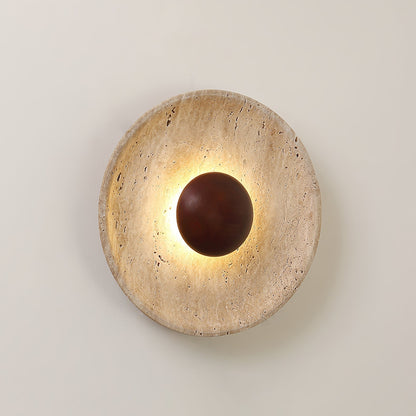 Lampada da parete a disco in travertino con sfera in legno, applique moderna