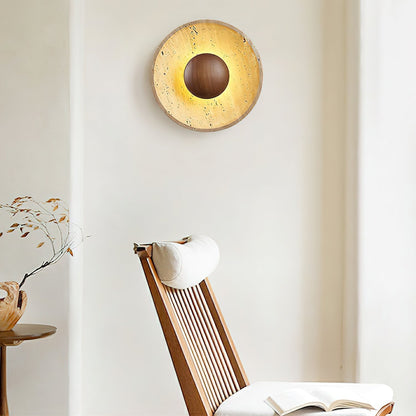 Lampada da parete a disco in travertino con sfera in legno, applique moderna