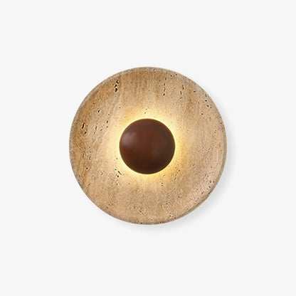 Lampada da parete a disco in travertino con sfera in legno, applique moderna
