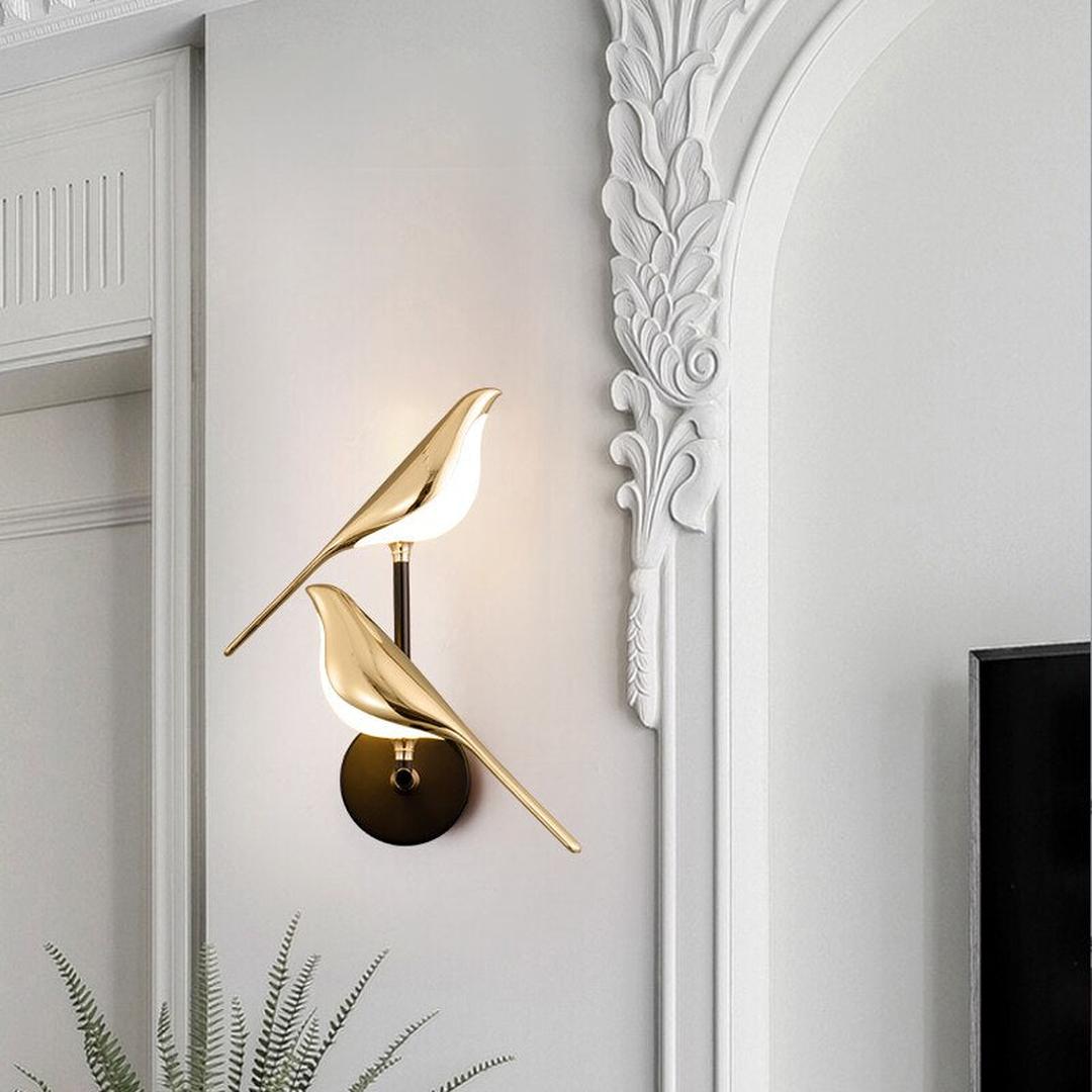 Lampada da parete a LED moderna con motivo a uccelli, oro