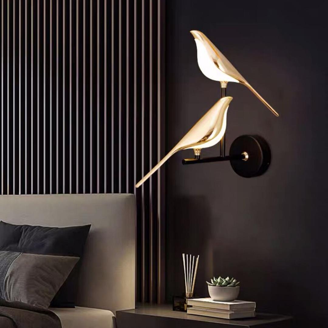 Lampada da parete a LED moderna con motivo a uccelli, oro