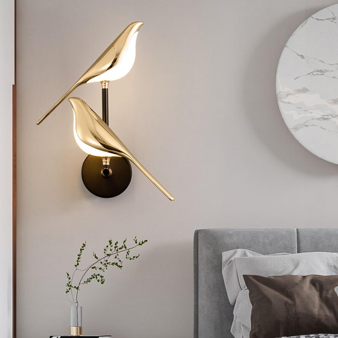 Lampada da parete a LED moderna con motivo a uccelli, oro