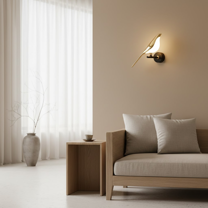 Lampada da parete a silhouette di uccello color oro, applique moderna