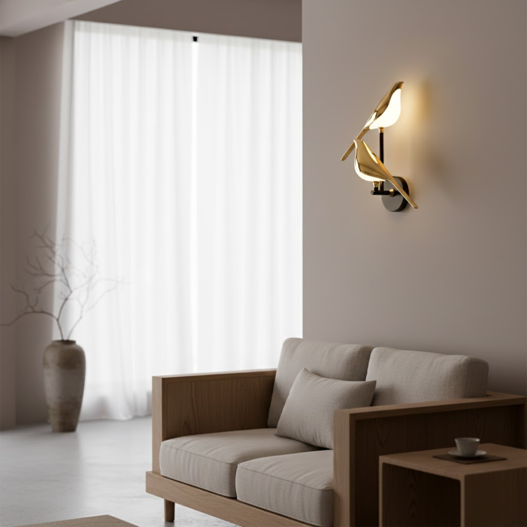 Lampada da parete a silhouette di uccello color oro, applique moderna