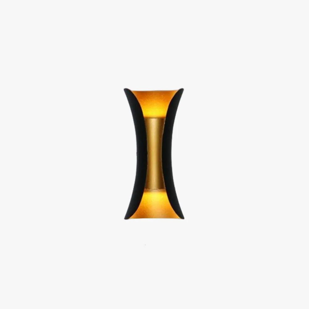 Lampada da parete per esterni LED curva nera e oro con luce verso l'alto e verso il basso