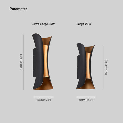 Lampada da parete per esterni LED curva nera e oro con luce verso l'alto e verso il basso