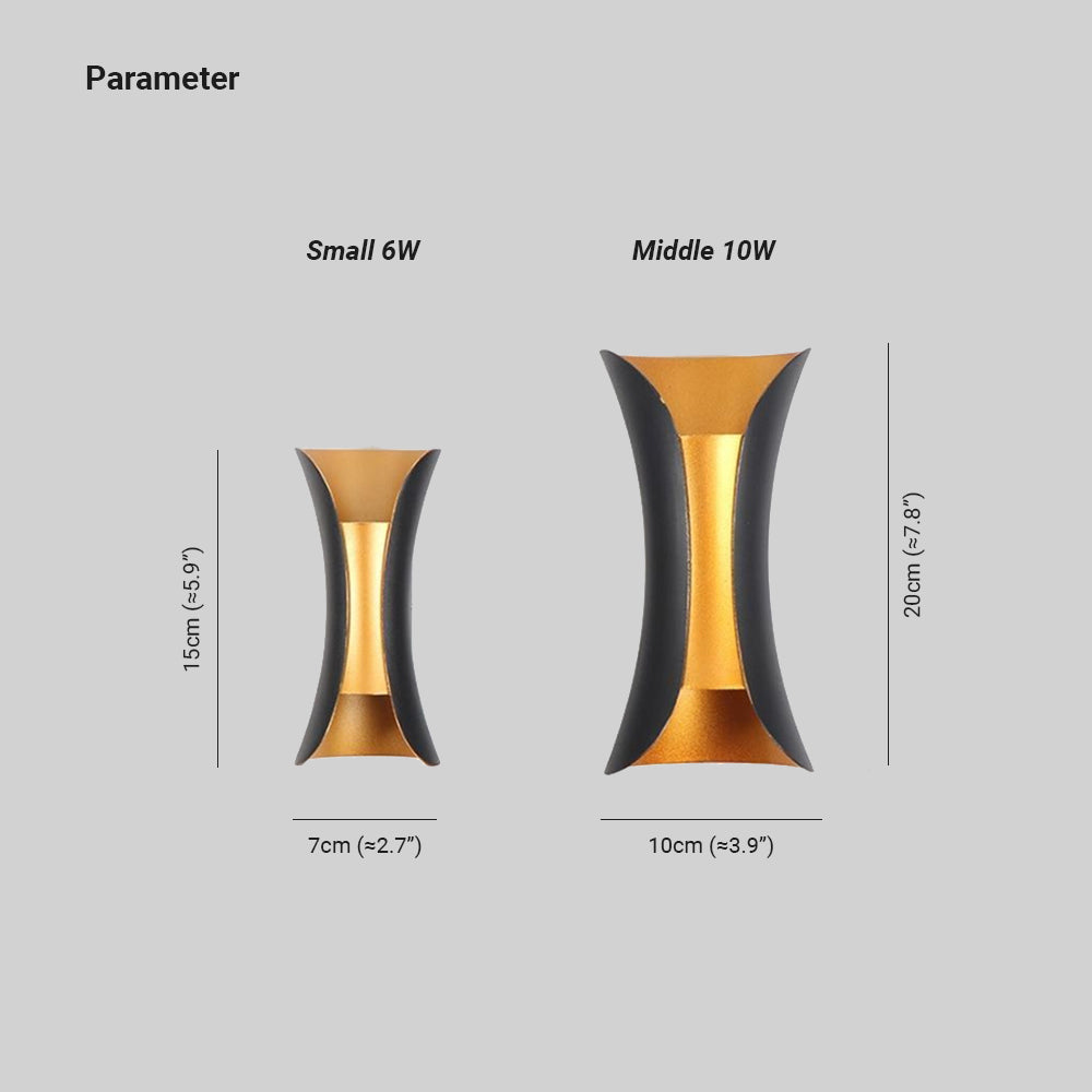 Lampada da parete per esterni LED curva nera e oro con luce verso l'alto e verso il basso