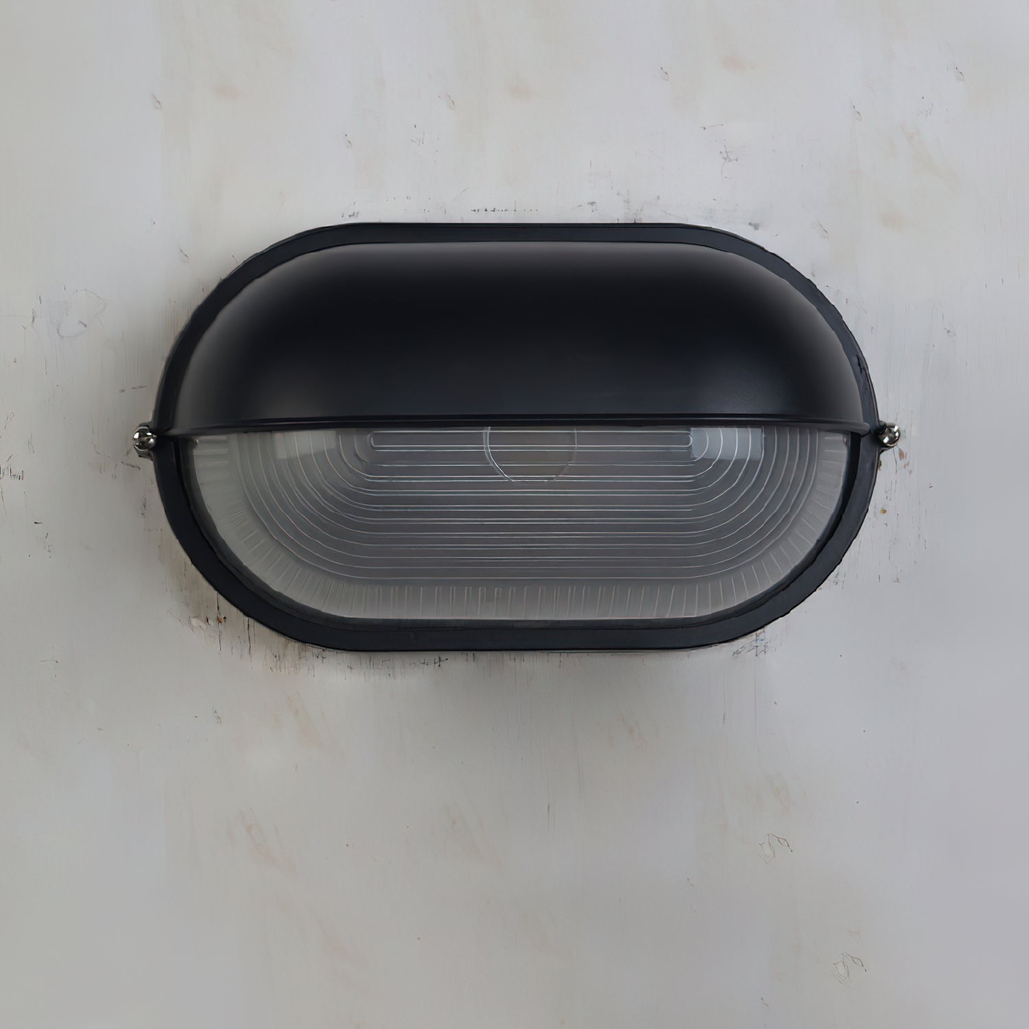 Lampada da parete per esterni ovale in vetro rigato nera, stile industriale navale