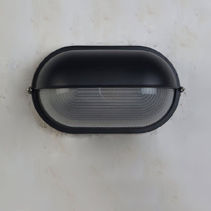 Lampada da parete per esterni ovale in vetro rigato nera, stile industriale navale