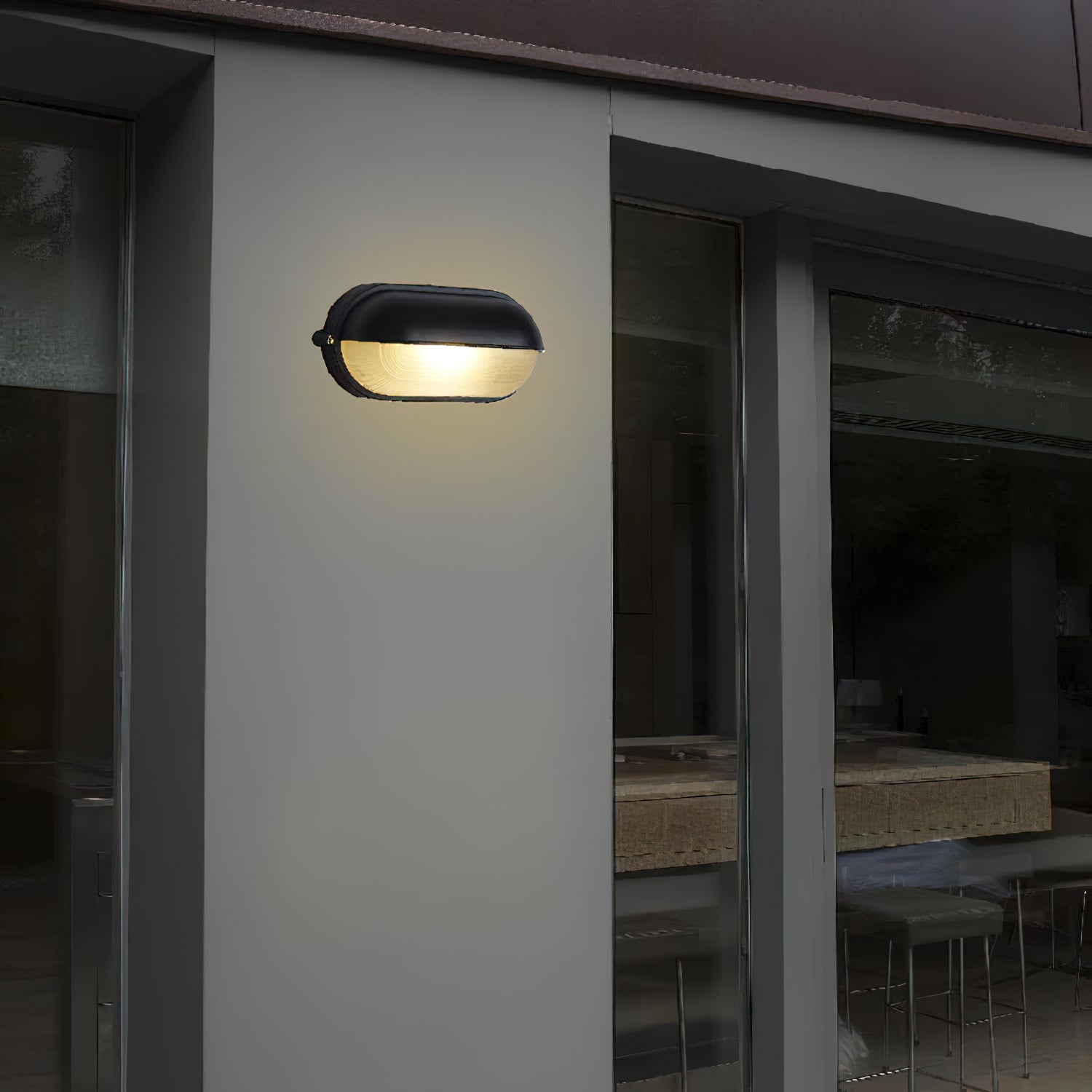 Lampada da parete per esterni ovale in vetro rigato nera, stile industriale navale